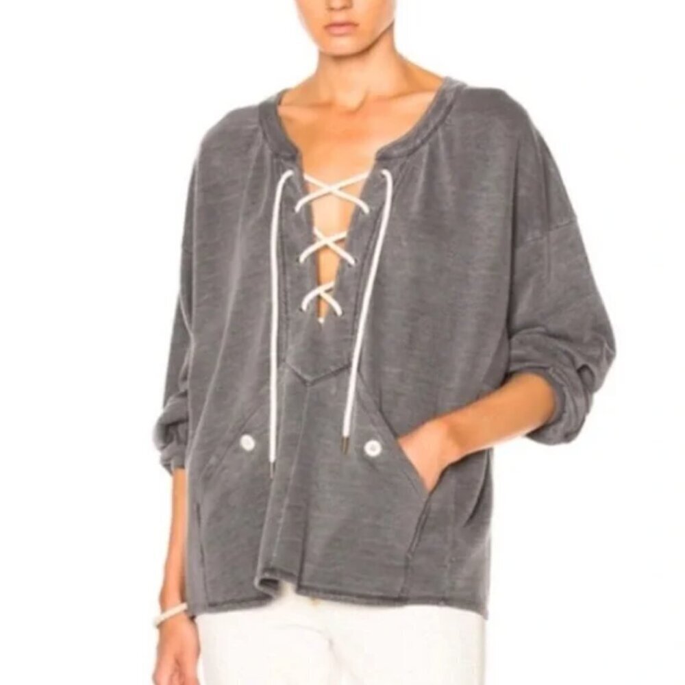 The Great Sweatshirt V-Neck Rope Lace Up Top Long Sleeve Pullover Gray Size 0 XS
